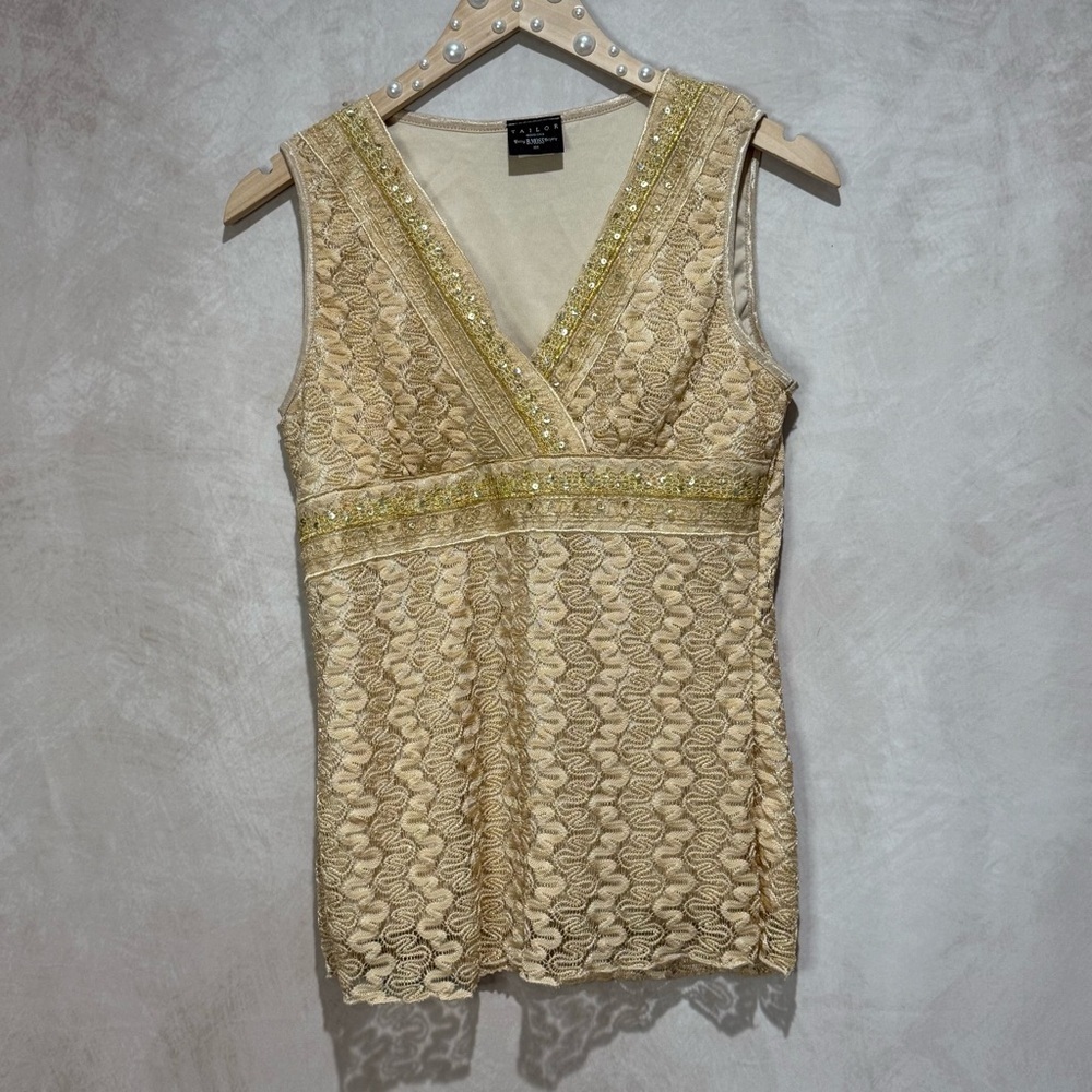 Vintage Y2K Babydoll Lace Top Champagne Gold Sequins Large Holiday NYE Fairycore